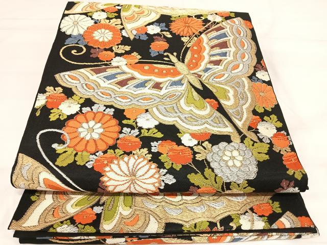 平和屋着物◎六通柄袋帯 唐織 花蝶文 黒地 金銀糸 正絹 逸品 AABI1094yx