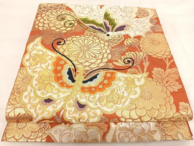平和屋着物◎六通柄袋帯 唐織 花蝶文 金銀糸 正絹 逸品 AABI1095yx