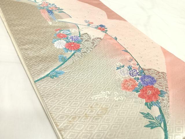 平和屋着物◎六通柄袋帯 唐織 草花文 プラチナ二重箔 正絹 逸品 AABI1109yx