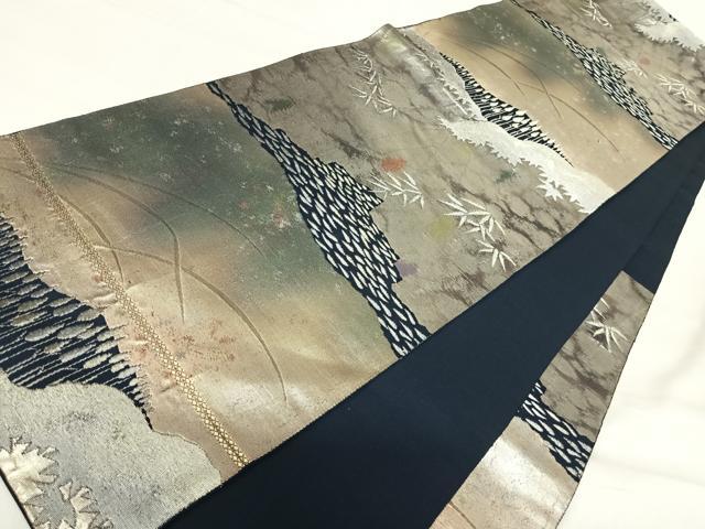 平和屋着物◎六通柄袋帯 笹竹文 銀糸 正絹 逸品 AABI1129yx