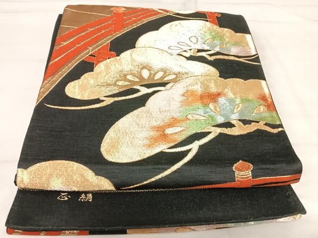 平和屋着物◎六通柄袋帯 唐織 松 黒地 金糸 正絹 逸品 AABI1134yx
