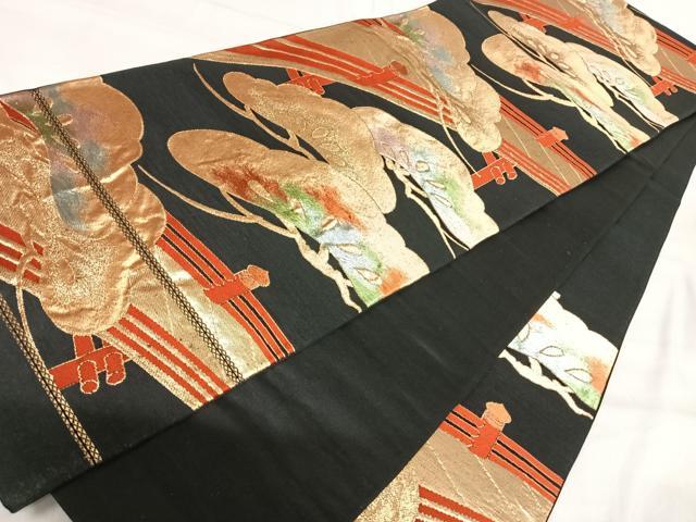 平和屋着物◎六通柄袋帯 唐織 松 黒地 金糸 正絹 逸品 AABI1134yx