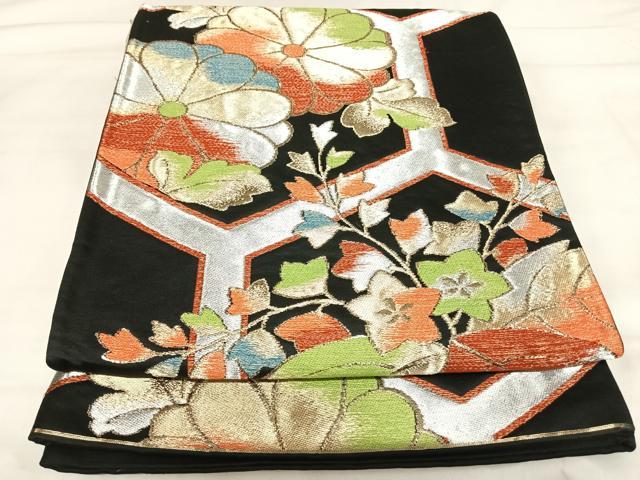 平和屋着物◎六通柄袋帯 亀甲花文 黒地 金銀糸 正絹 逸品 AABI1147yx