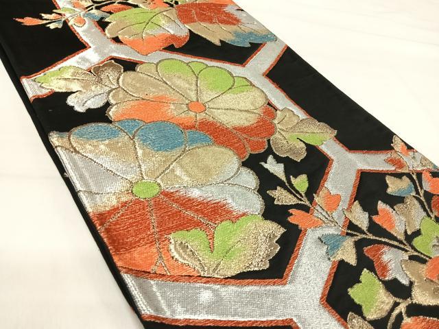 平和屋着物◎六通柄袋帯 亀甲花文 黒地 金銀糸 正絹 逸品 AABI1147yx
