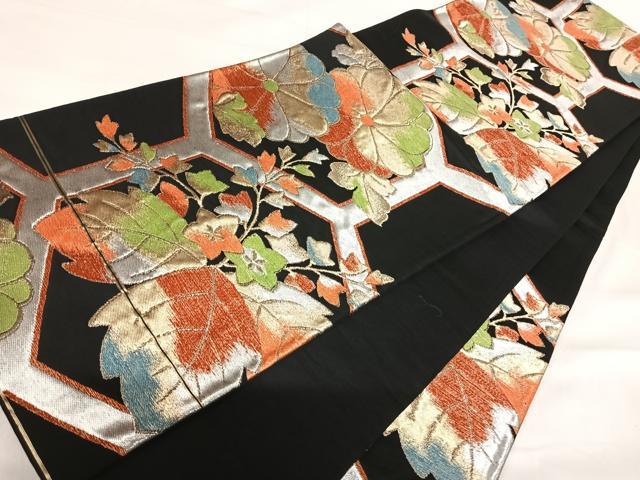 平和屋着物◎六通柄袋帯 亀甲花文 黒地 金銀糸 正絹 逸品 AABI1147yx