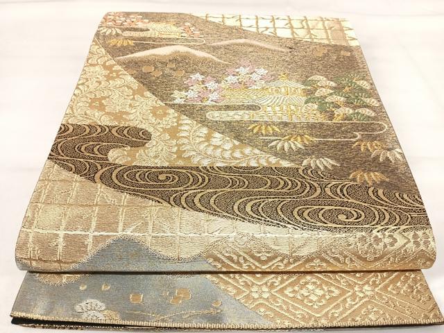 平和屋着物◎六通柄袋帯 唐織 金閣寺 紫峰水明 金糸 正絹 逸品 AABI1150yx