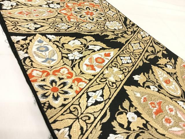 平和屋着物◎六通柄京袋帯 唐織 飾花文 黒地 金糸 正絹 逸品 AABI1152yx