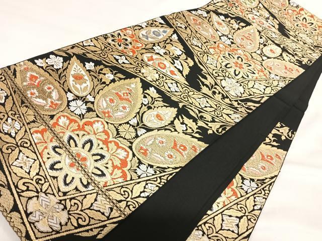 平和屋着物◎六通柄京袋帯 唐織 飾花文 黒地 金糸 正絹 逸品 AABI1152yx