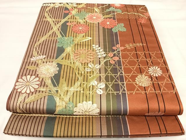 平和屋着物◎六通柄袋帯 唐織 花籠目文 金糸 正絹 逸品 AABI1153yx