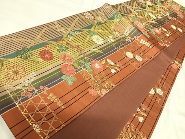 平和屋着物◎六通柄袋帯 唐織 花籠目文 金糸 正絹 逸品 AABI1153yx