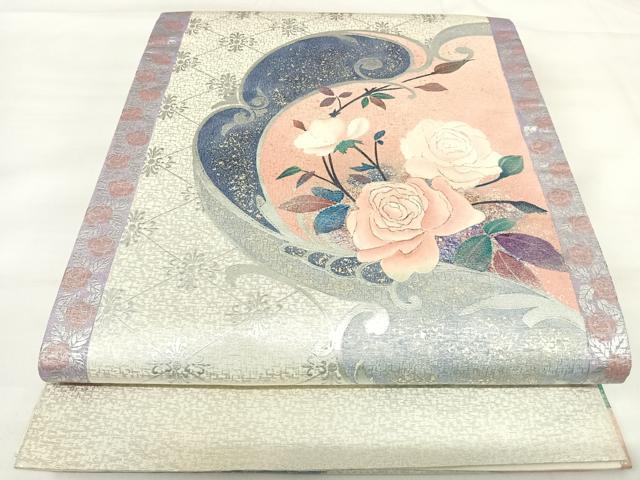 平和屋着物◎太鼓柄袋帯 刺繍 花唐草文 金銀糸 引箔 正絹 逸品 AABI1169yx