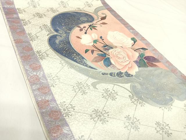 平和屋着物◎太鼓柄袋帯 刺繍 花唐草文 金銀糸 引箔 正絹 逸品 AABI1169yx