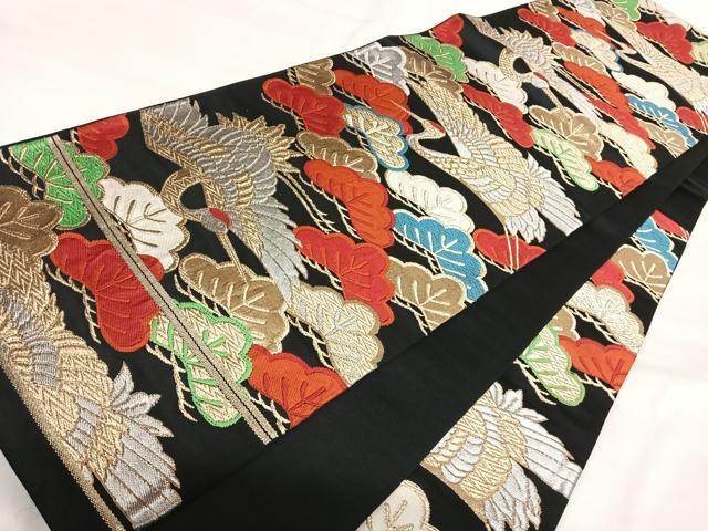平和屋着物◎六通柄袋帯 唐織 どんす 飛鶴松文 黒地 金銀糸 正絹 逸品 AABI1178yx