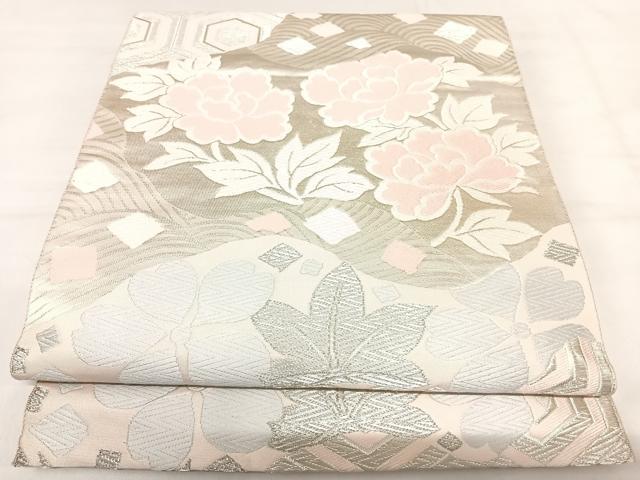 平和屋着物◎六通柄袋帯 唐織 流水花文 銀糸 正絹 逸品 AABI1187yx