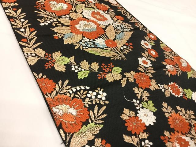 平和屋着物◎六通柄袋帯 唐織 花菱文 黒地 金糸 正絹 逸品 AABI1188yx