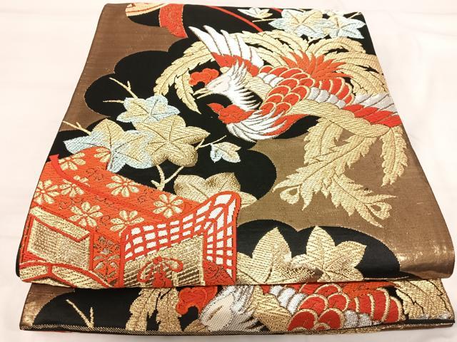 平和屋着物◎六通柄袋帯 唐織 御所車鳳凰文 黒地 金銀糸 正絹 逸品 AABI1200yx