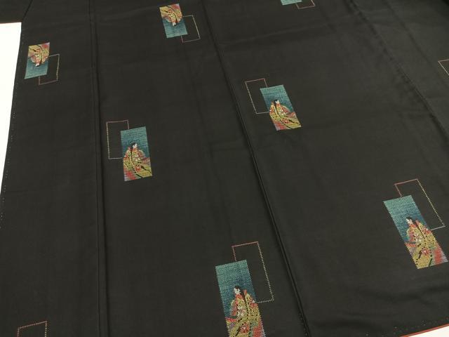 平和屋着物●本場大島紬 カタス9マルキ 地空き 人物色紙重ね文 黒地 正絹 逸品 AABI1220fy