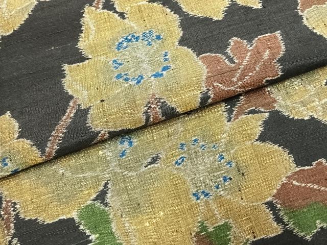 平和屋着物●小千谷紬 枝花文 黒地 正絹 逸品 AABI1221fy