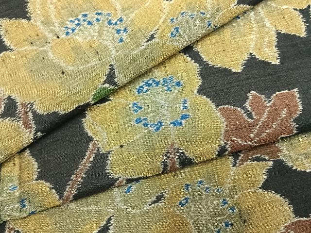 平和屋着物●小千谷紬 枝花文 黒地 正絹 逸品 AABI1221fy