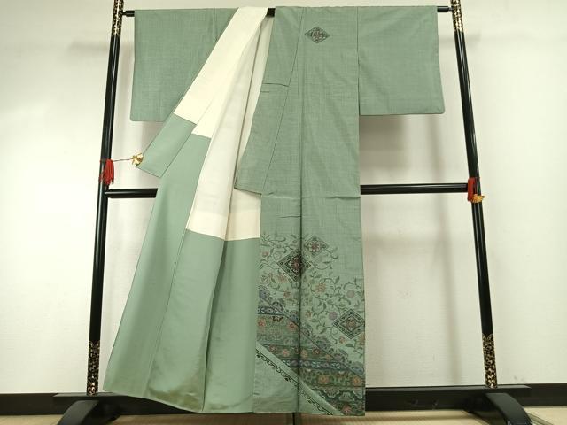 平和屋着物●中国三大刺繍 総刺繍 スワトウ刺繍 汕頭刺繍 訪問着 本場大島紬 唐草菱花文 正絹 逸品 AABI1223fy