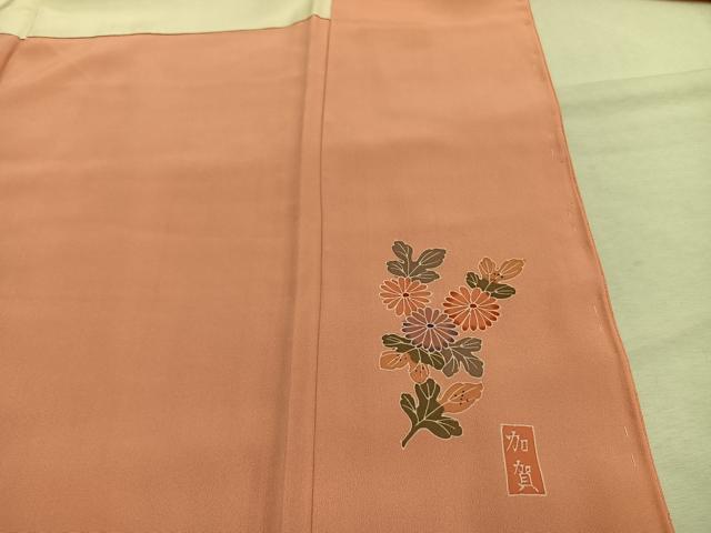平和屋着物●本加賀友禅作家 藤村加泉 色無地 草花地紋 東雲色 正絹 逸品 未使用 AABI1225fy