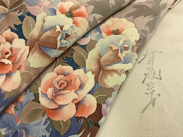 平和屋着物●染色作家 斉藤三才 訪問着 手描き 草花文 暈し染め 正絹 逸品 AABI1239fy