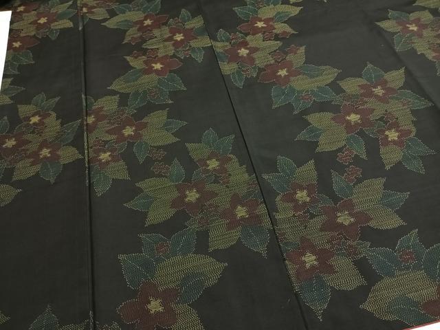 平和屋着物●本場大島紬 草花文 黒地 正絹 逸品 AABI1249fy