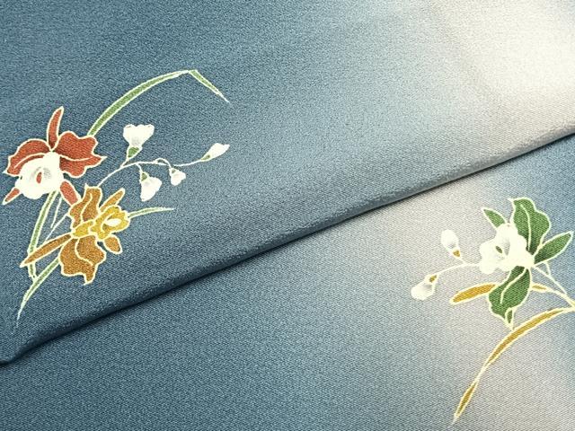 平和屋着物●岸田匡司 小紋 草花文 暈し染め ロング丈 正絹 逸品 AABI1258fy