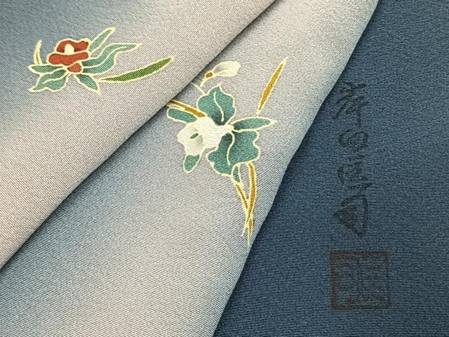 平和屋着物●岸田匡司 小紋 草花文 暈し染め ロング丈 正絹 逸品 AABI1258fy
