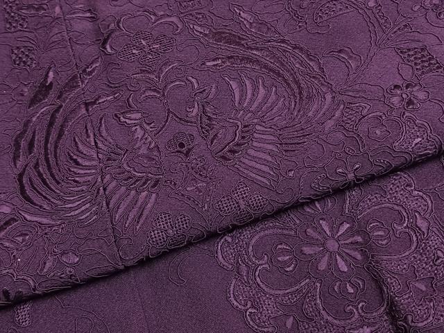 平和屋着物●中国三大刺繍 汕頭刺繍 スワトウ刺繍 総刺繍 振袖 花鳥文 葡萄色 正絹 逸品 AABI1259fy