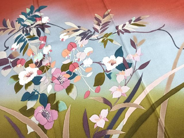 平和屋着物●染色作家 草野一騎 訪問着 手描き 枝花文 暈し染め 金彩 正絹 逸品 AABI1260fy