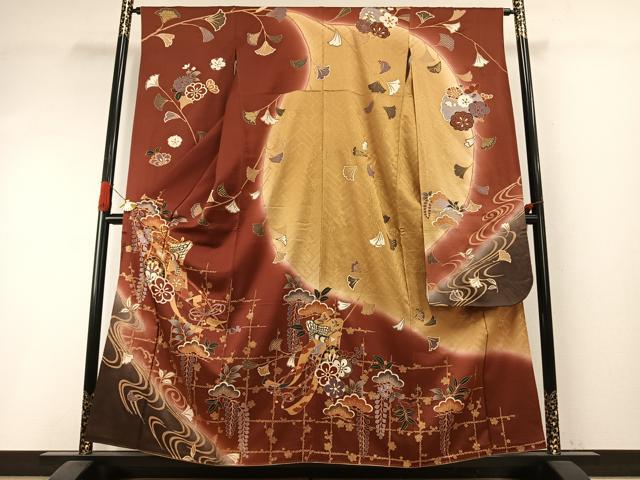 平和屋着物●豪華振袖 駒刺繍 御所車花文 暈し染め 金彩 正絹 逸品 AABI1268fy