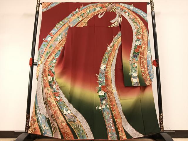 平和屋着物●豪華振袖 熨斗花鳥文 暈し染め 金彩 正絹 逸品 AABI1274fy