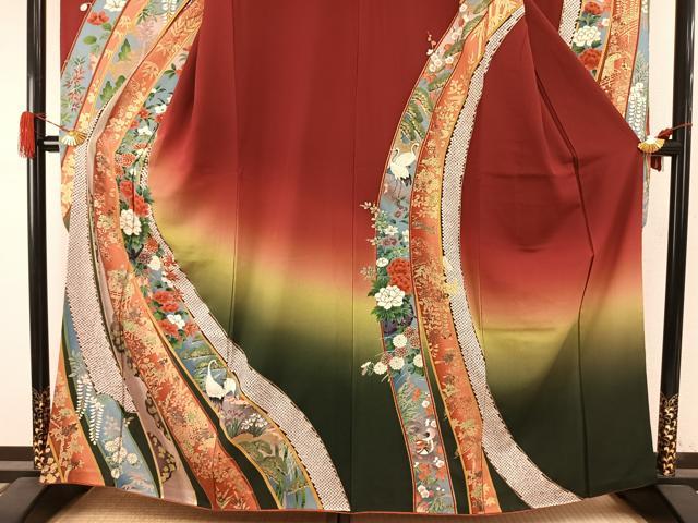 平和屋着物●豪華振袖 熨斗花鳥文 暈し染め 金彩 正絹 逸品 AABI1274fy