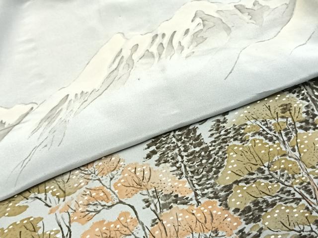 平和屋着物●男性 長襦袢 袷 手描き 富士山 樹林文 正絹 逸品 AABI1277fy