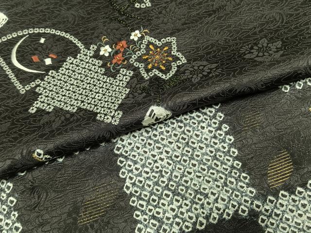 平和屋着物●京加賀友禅 百貫達雄 訪問着 絞り 刺繍 草花文 金糸 金彩 正絹 逸品 AABI1278fy