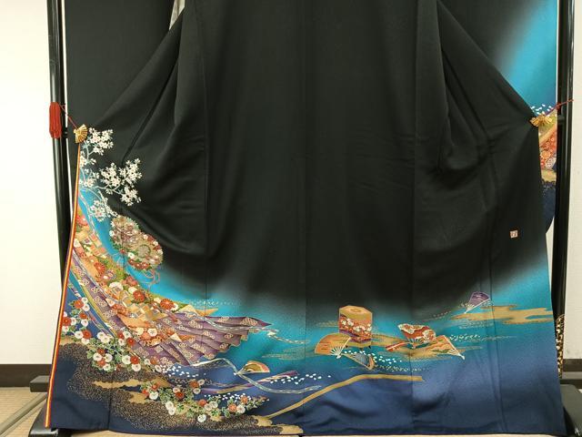 平和屋着物●ブライダルファッションデザイナー・桂由美 振袖 鼓花文 暈し染め 黒地 金彩 ロング丈 正絹 逸品 AABI1283fy