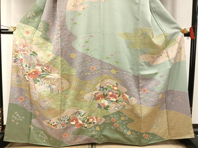 平和屋着物●訪問着 絞り 花鳥文 金彩 正絹 逸品 AABI1296fy