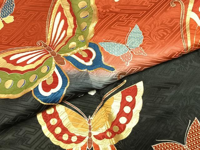 平和屋着物●豪華振袖 駒刺繍 舞蝶文 暈し染め 金彩 正絹 逸品 AABI1297fy