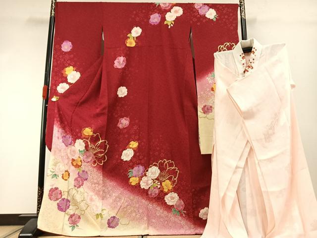 平和屋着物●豪華振袖・長襦袢(無双仕立て)セット 草花文 暈し染め 金彩 ロング丈 半衿刺繍 正絹 逸品 AABI1299fy