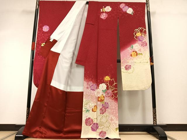 平和屋着物●豪華振袖・長襦袢(無双仕立て)セット 草花文 暈し染め 金彩 ロング丈 半衿刺繍 正絹 逸品 AABI1299fy