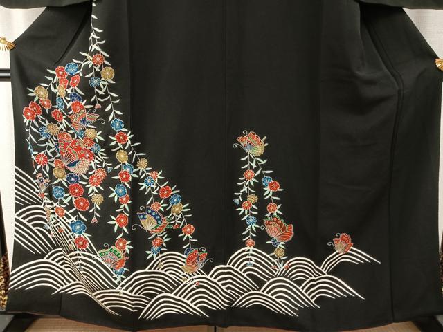 平和屋着物●訪問着 紅型 花蝶文 黒地 鬼しぼ縮緬正絹 逸品 AABI1315fy