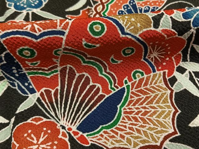 平和屋着物●訪問着 紅型 花蝶文 黒地 鬼しぼ縮緬正絹 逸品 AABI1315fy