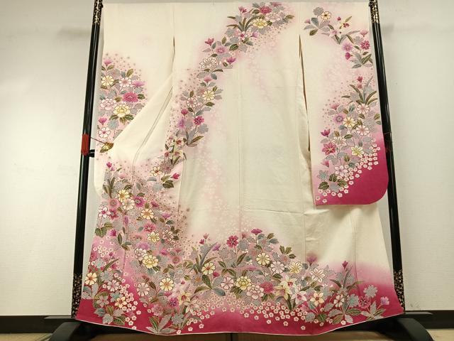 平和屋着物●豪華振袖 駒刺繍 草花文 暈し染め 金彩 京都きもの友禅扱い 正絹 逸品 AABI1321fy