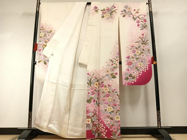 平和屋着物●豪華振袖 駒刺繍 草花文 暈し染め 金彩 京都きもの友禅扱い 正絹 逸品 AABI1321fy