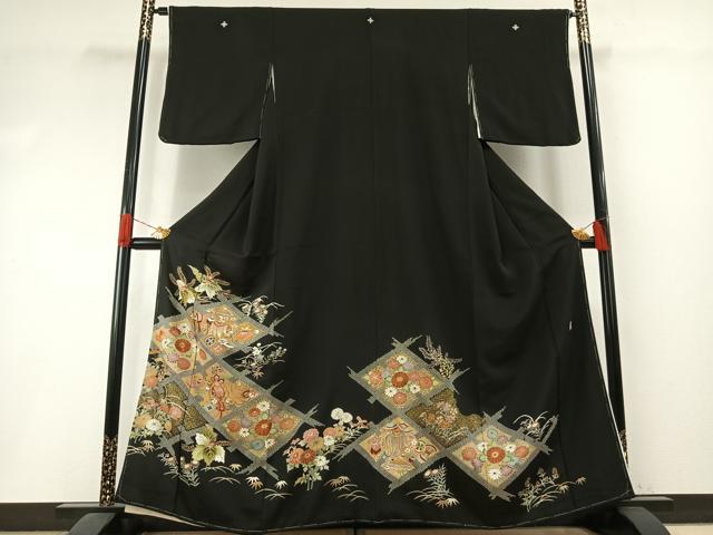 平和屋着物●豪華黒留袖 作家物 駒刺繍 草花文 金糸 金彩 正絹 逸品 AABI1326fy