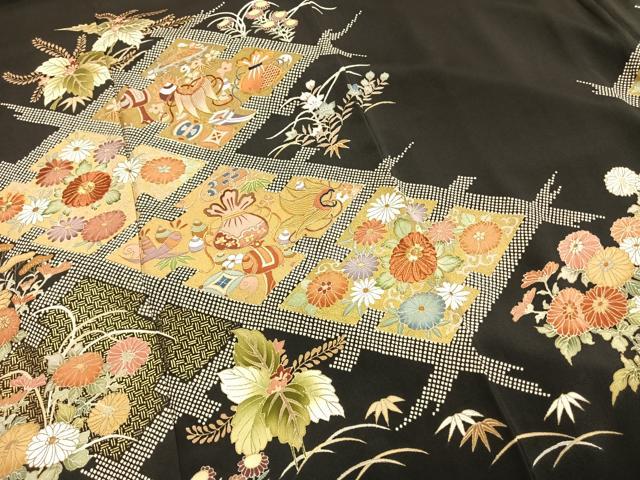 平和屋着物●豪華黒留袖 作家物 駒刺繍 草花文 金糸 金彩 正絹 逸品 AABI1326fy