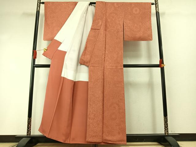 平和屋着物●上質な色無地 辻が花 源氏車地紋 肉桂色 正絹 逸品 AABI1331fy