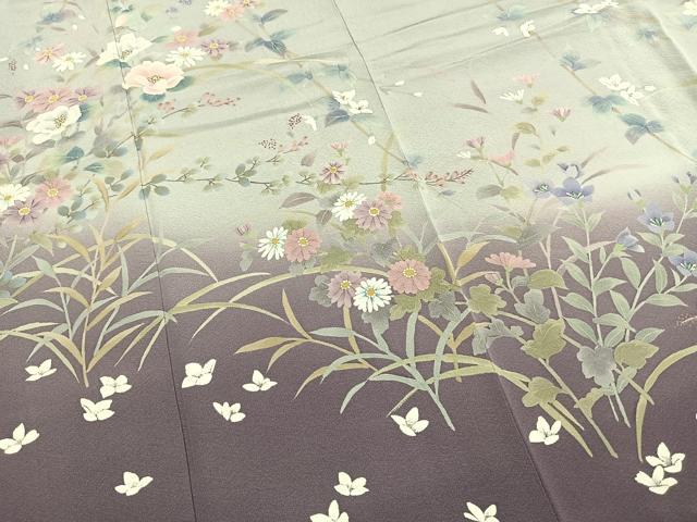 平和屋着物●訪問着 手描き 草花文 暈し染め 正絹 逸品 AABI1351fy