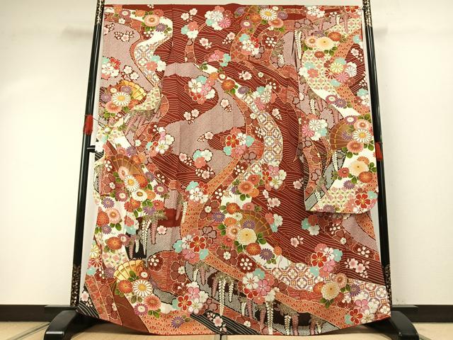 平和屋着物●豪華振袖 駒刺繍 扇面花文 金彩 銀通し地 正絹 逸品 AABI1376fy